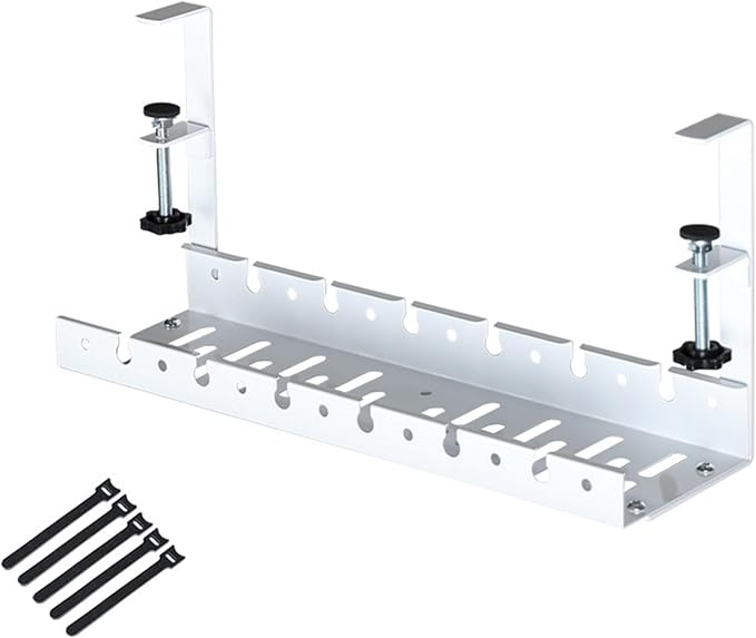 No Drilling Extendable Under Desk Cable Management, Metal Cable Tray Under Desk with Clamp, Retractable Power Strip Cord Holder for Wire
