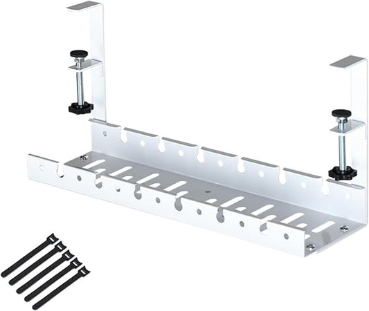 No Drilling Extendable Under Desk Cable Management, Metal Cable Tray Under Desk with Clamp, Retractable Power Strip Cord Holder for Wire