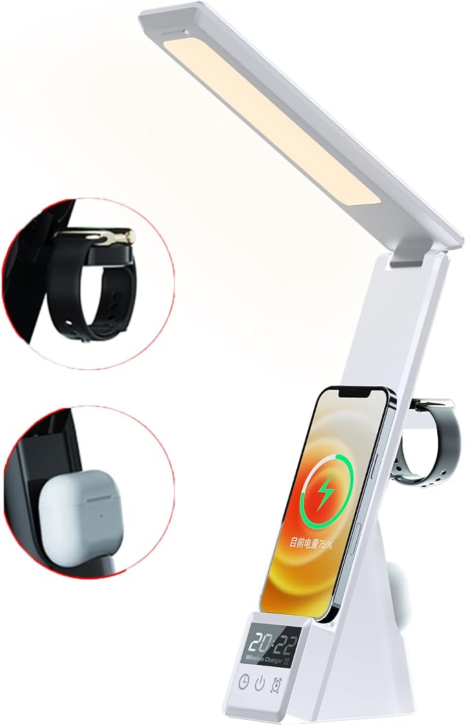 AYI Multi-Functional Wireless Charging Lamp with LED Display, Alarm Clock, 3 Color Light Modes, Foldable & Portable, 15W Fast Wireless Charger Stand for Smartphones, Smartwatches, Earbuds, N61 White.