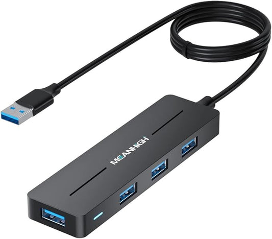 USB Hub, 3.0 4-Port Ultra-Slim Data USB Expander with 4 FT Extended Cable Compatible with MacBook, Mac Pro, Mac mini, iMac, Surface Pro, XPS, PC, Flash Drive, Mobile HDD (Black)