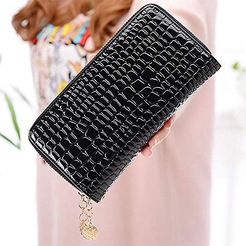 Women Patent leather Handbag Wallet Money Coin Purse Card ID Organizer Double Zip Around Black