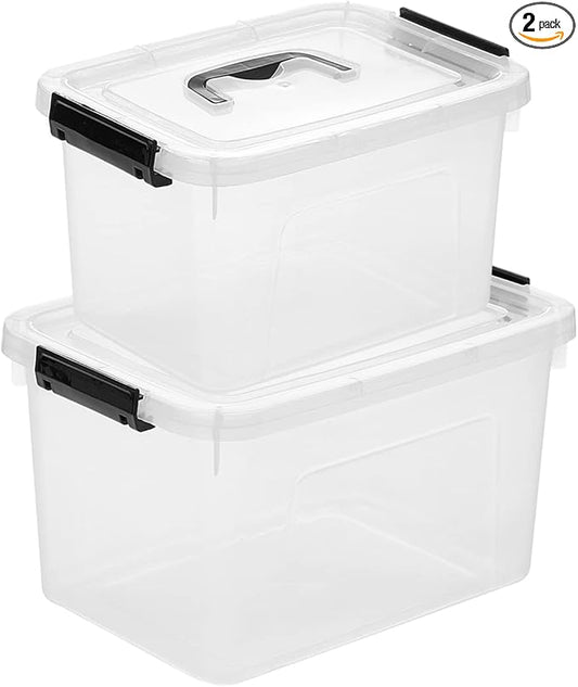 Clear Storage Latch Box/Bin, 2-Pack Plastic Organizing Container with Handle and Lids (7 QT/16QT)
