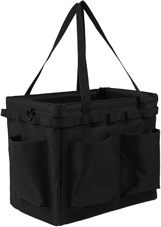 Collapsible Car Trunk Organizer - Large Foldable Grilling Tools Storage Bin Basket with 4 Pockets & Long Strap, Heavy-Duty Trunk Tote Bag for SUV Truck Camping Gear BBq Tools Organizer(Black)