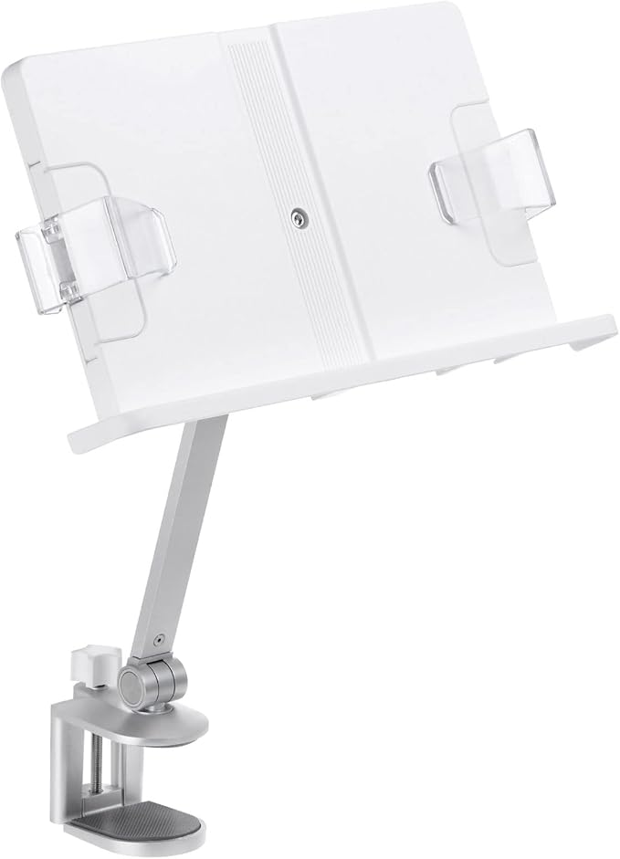 PATIKIL Book Stand for Reading, Metal Reading Rest Book Holder with Page Clips, Height Angle Adjustable, 360° Rotating Arm Suitable for Sheet Music, Laptop
