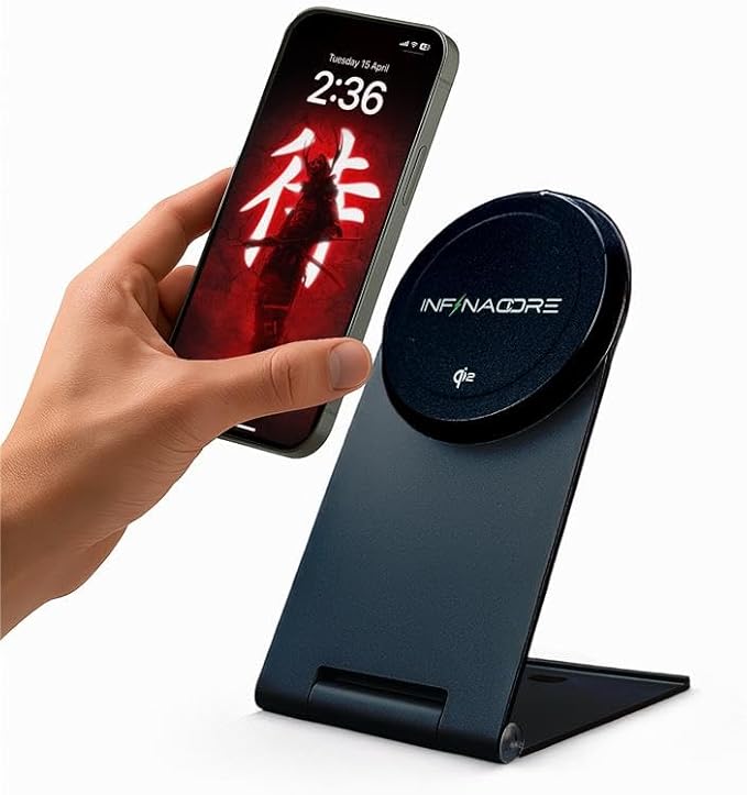 InfinaCore Magnetic Wireless Charger Stand for Apple Devices, iPhone, AirPods - Durable-Build Fast Charging Stand - Qi2 Certified Bedside Phone Charger Station Compatible with MagSafe - 15W