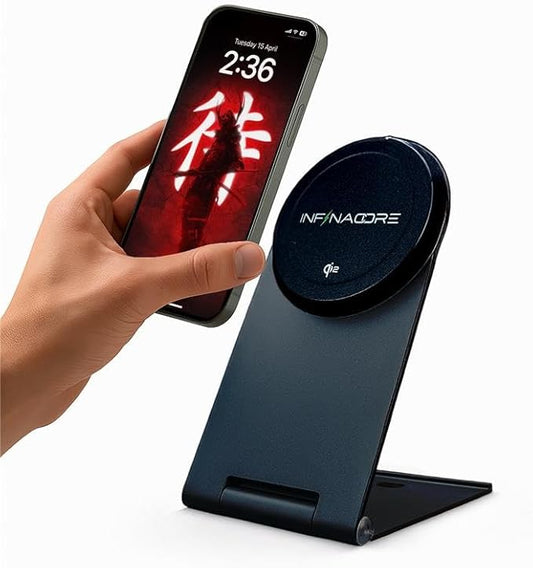 InfinaCore Magnetic Wireless Charger Stand for Apple Devices, iPhone, AirPods - Durable-Build Fast Charging Stand - Qi2 Certified Bedside Phone Charger Station Compatible with MagSafe - 15W
