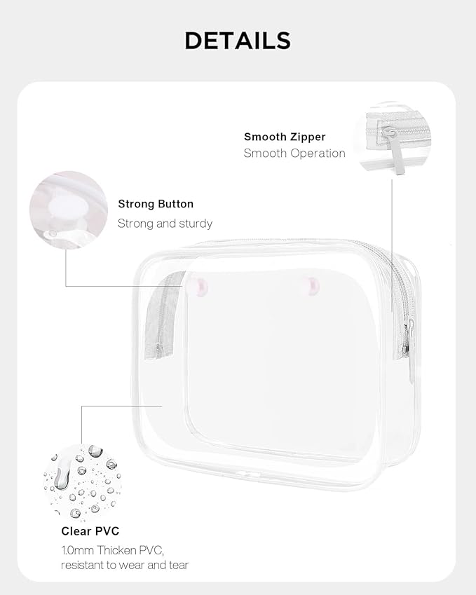 LETGO 4 Pack Clear Toiletry Bags, Portable Travel Makeup Pouch with Zipper, TSA Approved Organizer, Clear Pouch Bags Compatible With Bogg Bag Divider Accessories (Clear White)