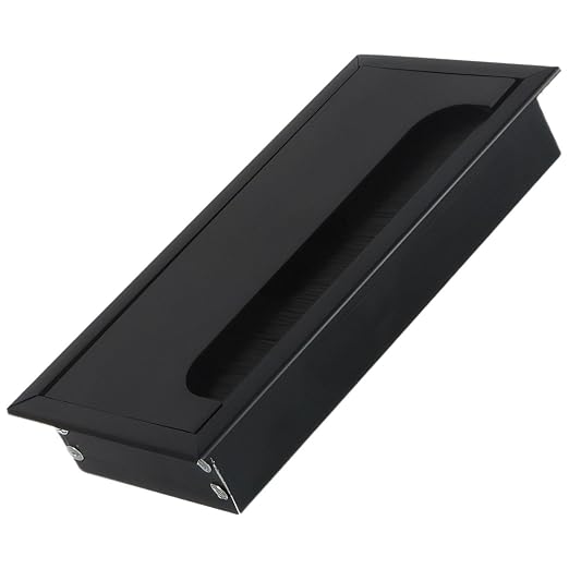 Desktop Cable Management Cover for Desk Organization - Aluminum Alloy Cable Box with Brush Seal (Black, 8.0x16.0x2.8 cm)