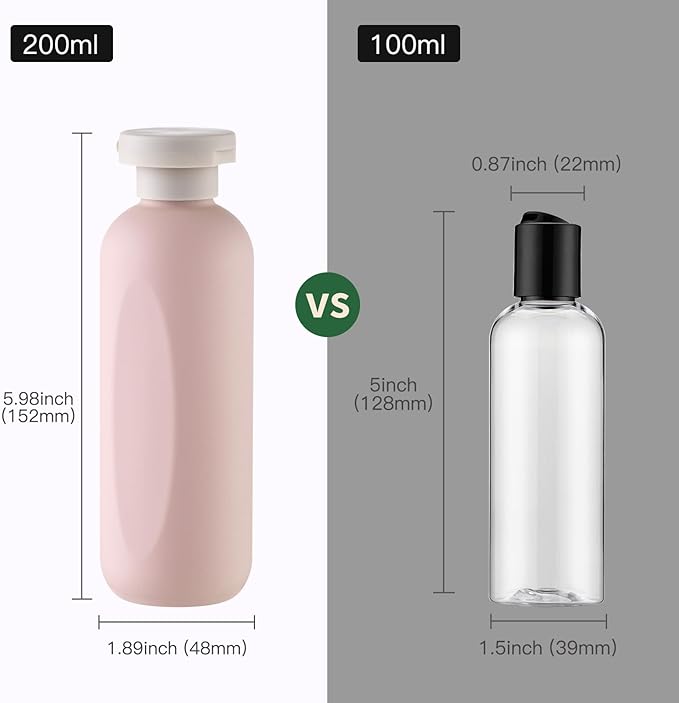 Empty Shampoo Bottles 6.7oz - Large Size Refillable Plastic Liquids Toiletry Containers - Empty Leak Proof Lotion Toiletries Dispenser - Pink Flip Cap Top Body Wash and Cosmetic Set 4 Pack
