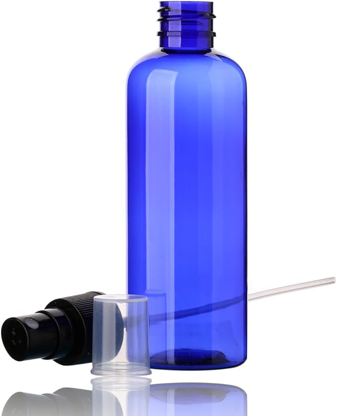 SINIDE Empty Spray Bottles 100 ml/3.4 oz, Blue Plastic Fine Mist Mini Travel Bottle Set, Portable Refillable Makeup Sprayer Containers for Perfume, Liquids, Aromatherapy, Cleaning Solution (4 Pack)