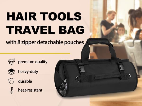 Hair Tools Travel Bag, Roll Up Tool Bag Organizer for Hair Stuff, Hairstylist Traveling Bag with 8 Detachable Zipper Pouch, Professional Cosmetology Bag for Hairdresser Barber, Heat Resistant Lining