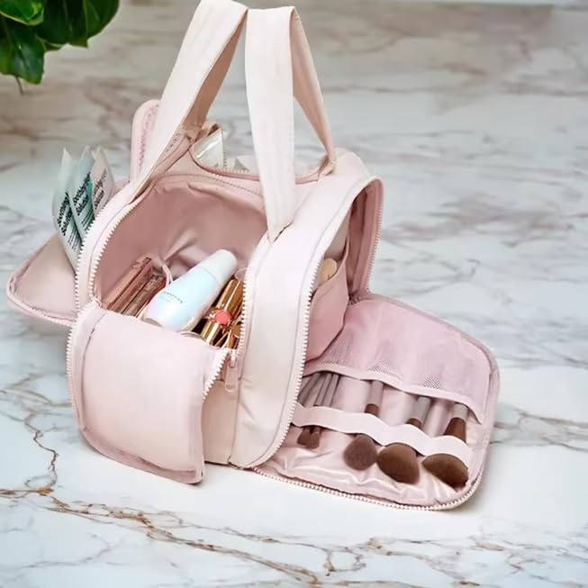 Travelfree Toiletry Bag, 4-in-1 Puffy Multi-functional Toiletry Bag for Women, Large Capacity Travel Cosmetic Bag, Dry and Wet Separation Bag, Makeup Bag Organizer with Handle(Upgrade-Dark Pink)