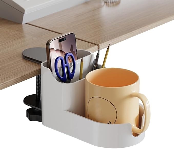 Clamp On Desktop Shelf Organizer - Under Desk Storage Tray with Cup Holder, No Drill Installation, Adjustable Shelf for Phone, Pen & Office Supplies