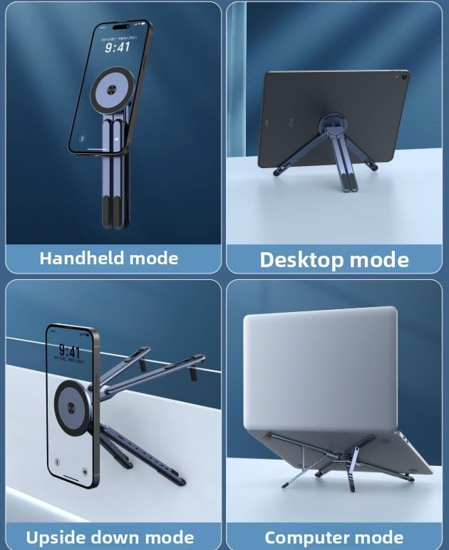 Portable Laptop Stand for Desk, Foldable Adjustable Computer Riser with Magnetic Phone Holder, Aluminum Laptop Stand Tablet Stand Mobile Phone Holder (Navy Blue)