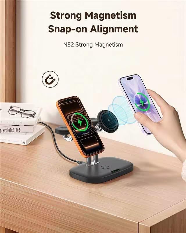 Magnetic 5-in-1 Wireless Charging Stand, Dual Phone & Dual Apple Watch Charger, 5W for Apple Watch Fast Charging Station, Compatible with iPhone 17-12, for Apple Watch Ultra/11-7, SwanScout 902M