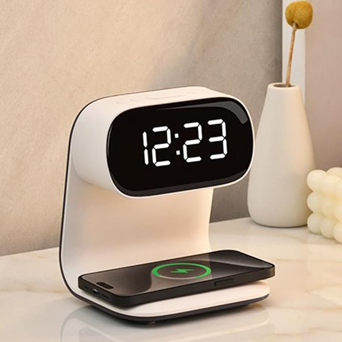 AYI 3in1 Wireless Charging Station with Alarm Clock & Night Light 15W Fast Charge for Phone & Earbuds Digital Clock with Dual Alarm 3-Level Dimmable LED Touch Lamp Large Display for Bedroom-A40