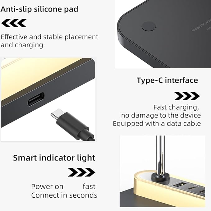 4-in 1 Magnetic Wireless Charging Station with Night Light, 15W Fast Mag-Safe Charge for iPhone 16/15/14/13/12 & AirPods, 3-Port Hub (2xType-C, 1xUSB) for Home, Office, Hotel