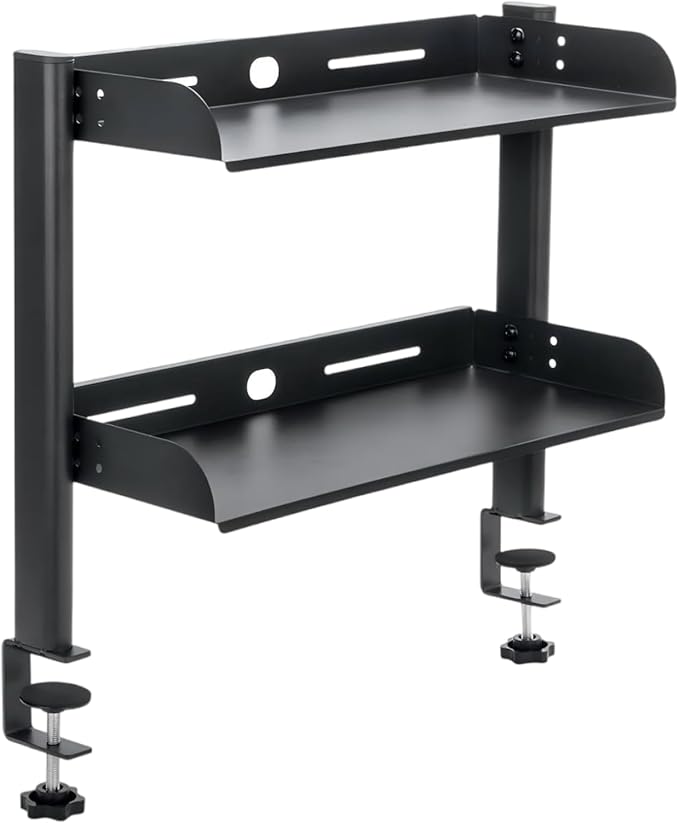 ShinJu Clamp on Desk Shelf for Top of Desk 2 Tier Above or Under Desk Storage Gaming Desk Organizers and Accessories Metal Storage Shelves for Office Standing Desk Accessories Under Desk Bookshelf