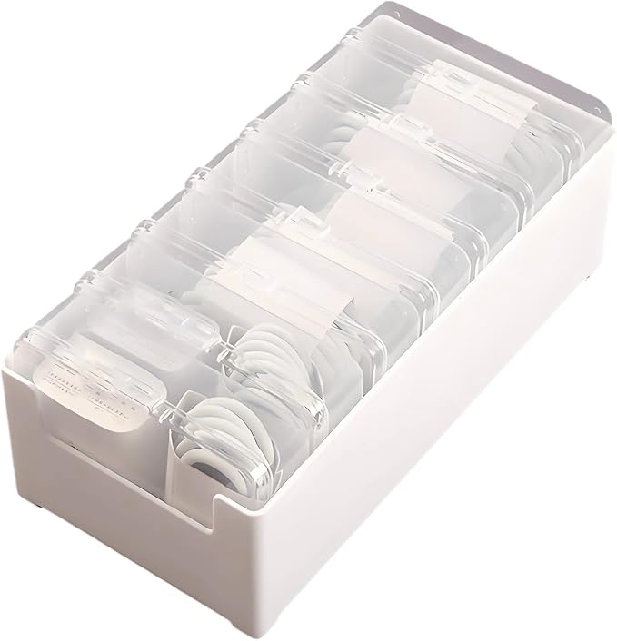 Cable Organizer Box for Charging Cords, Desk Wire Management Holder with Adjustable Dividers, Lightweight Charging Cable Storage Case for Home