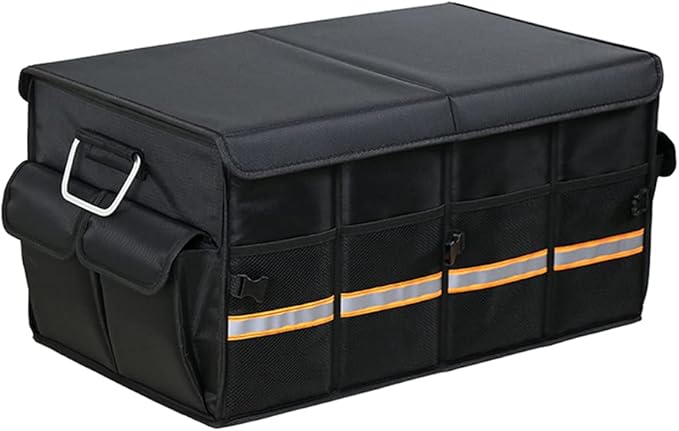 Car Trunk Organizer with Lid, Collapsible Waterproof Multi Compartments Car Storage Organizer with Foldable Cover Reflective Strip for SUV, Truck, Sedan (Large)
