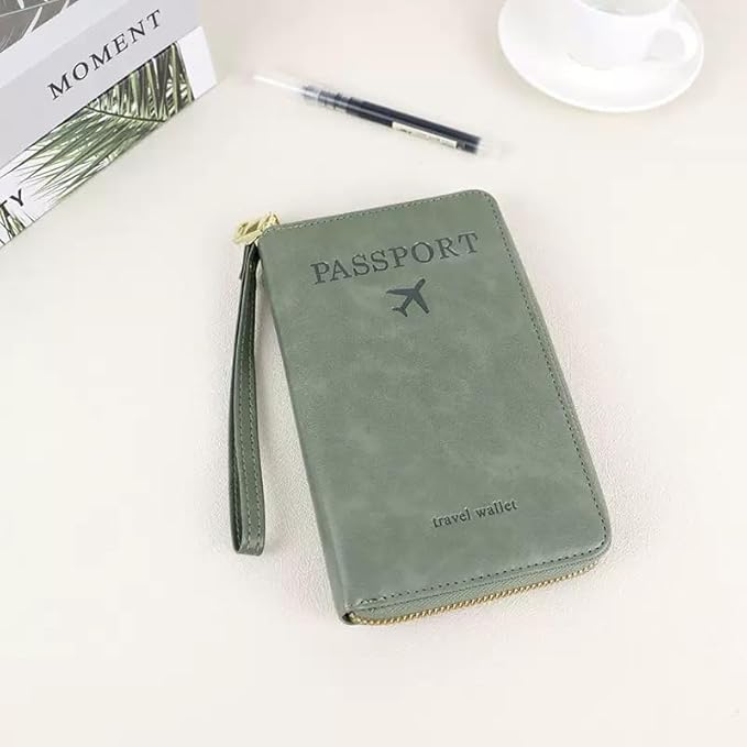 Multi-Functional RFID Passport Wallet,Travel Wallet for Men & Women,With zipper, anti-theft passport holder，Slim Leather Cover for Credit Cards, Tickets, Cash (Green)