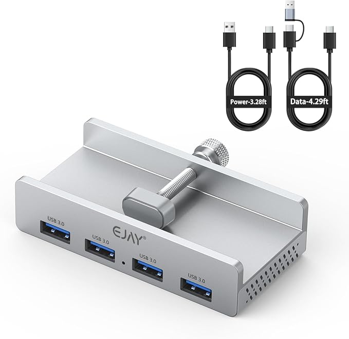 EJAY USB 3.0 Hub with Adjustable Clamp, 4-Port Powered Hub for iMac, PC, Laptop(59inches Data & 39inches Power Cables)