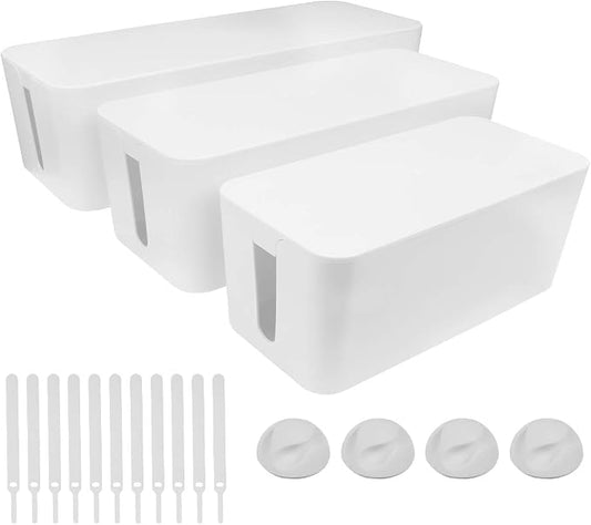 DUNCHATY Cable Management Box 3 Pack - Cord Organizer Box for Desk TV Computer - Large Medium Small Power Strip Cover & Wire Hider - Child & Pet Safe ABS Cord Box with Cable Ties - White