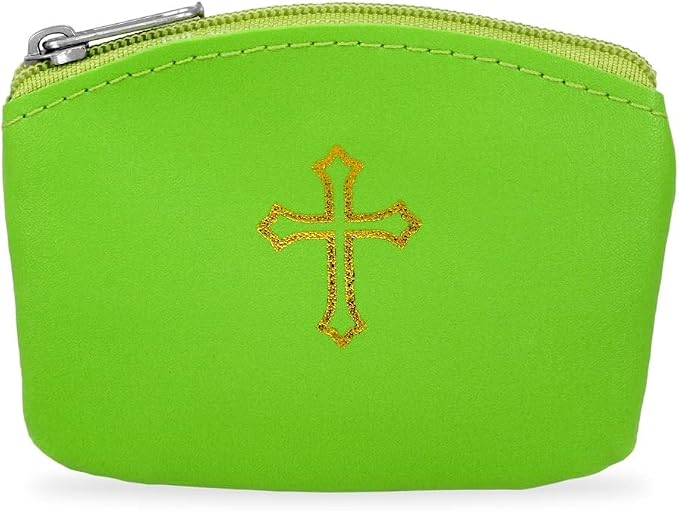 Green Rosary Pouch with Zipper & Gold St. Thomas Cross Imprint | Compact Leatherette Rosary Case for Small to Medium Rosaries | Protective Travel Rosary Holder for Men & Women