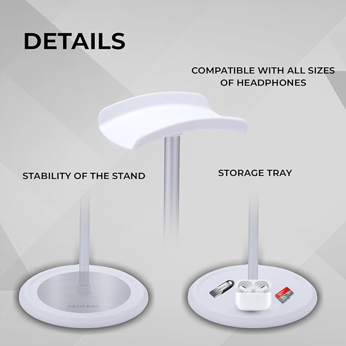 Headphone Stand for Desk, Top Curved U-Shaped Headset Holder with TPU Flexible Headrest, Aluminum Alloy Rod & ABS Solid Base with Non-Slip Silicone Under The Base, (White)