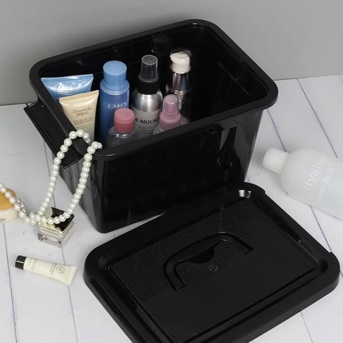6 Quart Black Plastic Storage Latching Box Bin with Handles, 6 Packs