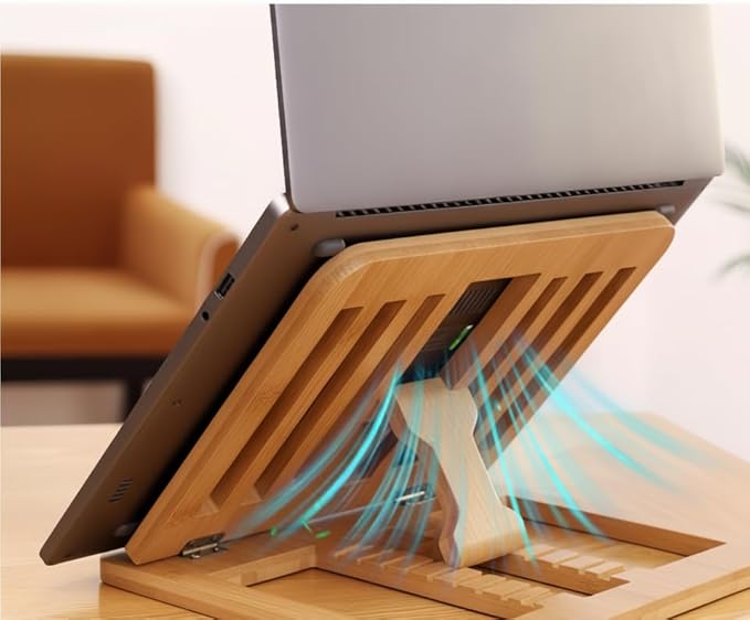 Bamboo Foldable Laptop Stand Holder, 6-Level Adjustable Ergonomic Notebook Riser with Heat Dissipation for 10-17 Inch Laptops, MacBook, Tablet