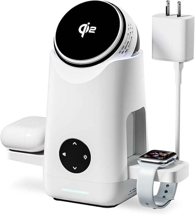 3-in-1 Charging Station for Apple & Samsung - Qi2 Certified 15W Rotating Wireless Mag-Safe Charger Stand for Apple - iPhone 17 16 15 14 13 12, AirPods, Apple & Galaxy Watch, Samsung S25 S24 Bud(White)