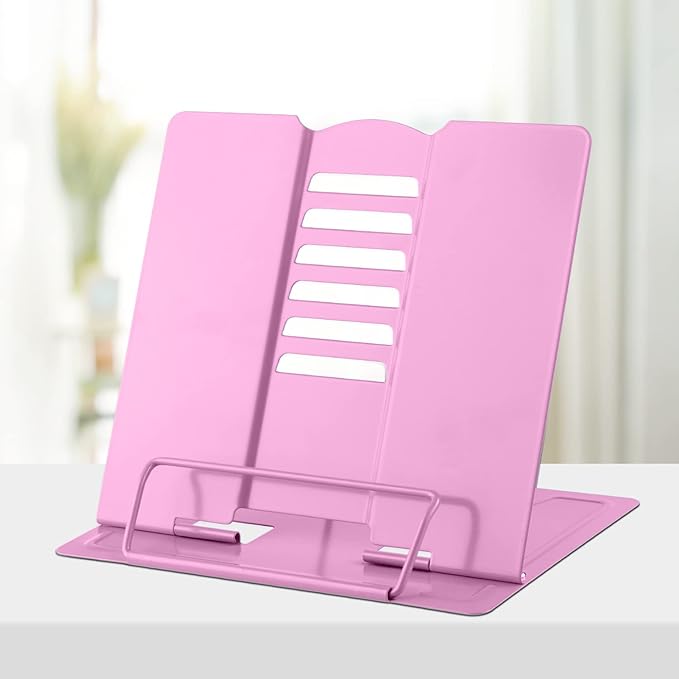 Honagu Book Stand Metal Desk Book Holder, Book Holders for Reading Hands Free, Adjustable Cookbook Documents Holder, Portable Bookstand for Music Books, Textbook, Recipe, Tablet, Ipad (Pink)
