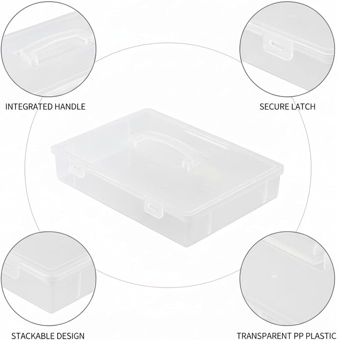 Low-Profile Rectangular File Box with Handle, Transparent PP Plastic Document Organizer for Desktop Storage