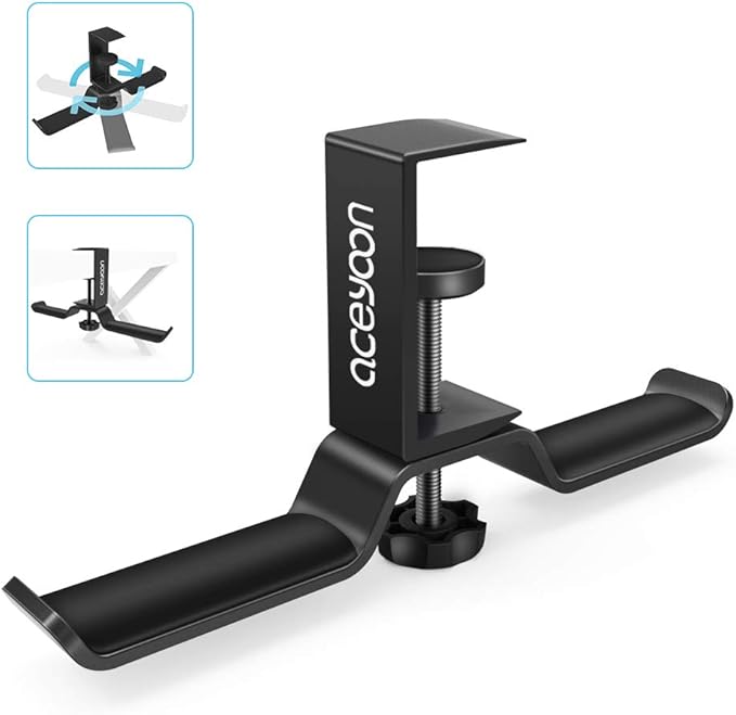 aceyoon Foldable Headphone Stand for Desk, Aluminum Headset Stand Clamp Hook Under Desk Space Save Mount, Headset Holder for Gaming Headphone, Office, Backpack, Bag, Purse Hanging (Black)