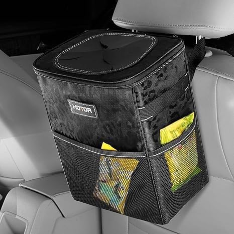 HOTOR Car Trash Can with Lid and Storage Pockets - 100% Leak-Proof Organizer, Waterproof Garbage Can, Multipurpose Trash Bin for Car, 2 Gallons, Leopard-Print Black