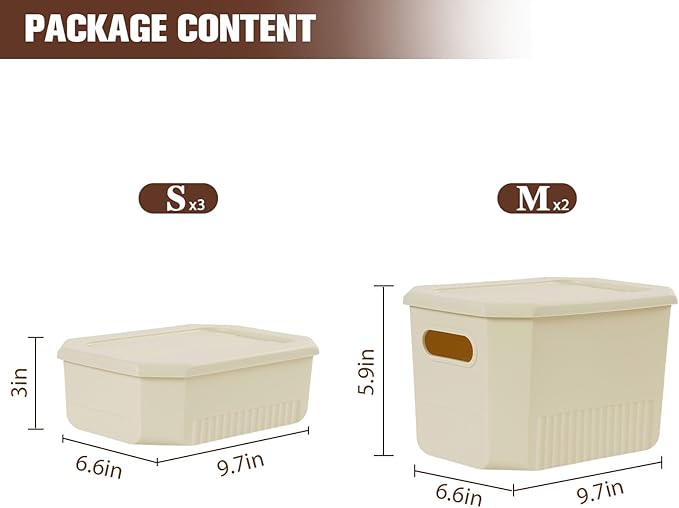 ANMINY 5PCS Plastic Storage Bins Containers with Lids, Large Storage Organization Bins Boxes, Lidded Plastic Storage Baskets for Closet Shelves Desktop, Ivory Lids, 2M + 3S