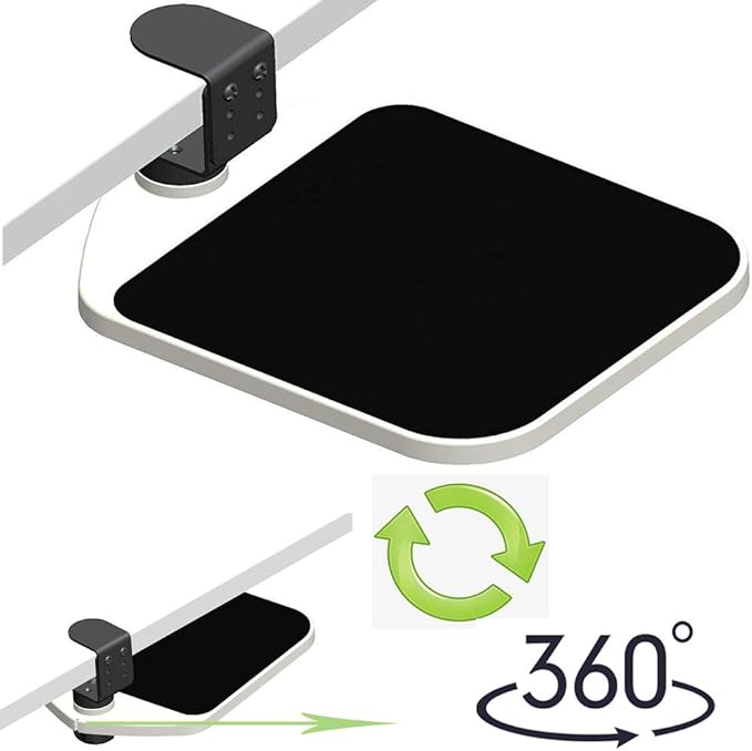 FUZADEL Mouse Platform Clamp On Under Desk Adjustable Mouse Tray Mount Swivel Desktop Shelf Wrist Rest Rotating 360 Degree