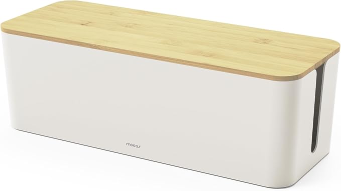 Mooas Small Cable Management Box with Wooden Lid (Large), Cord Organizer Wooden Box for Desk, Home, Office Wire Storage Hider for Power Strips, USB Cables, Charging Cords, and Electronics