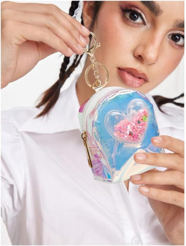 AIBFRID 4Pcs Mini Backpack Keychain,Cute Cosmetic Bag for Women,TPU Clear Makeup Bag Key Pocket Lipstick Bag Card Holder Data Cable Organizer Zipper Pouch (Heart Crown Bow Star)