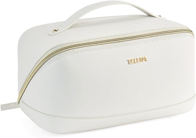 Telena Leather Make Up Bag Portable Travel Makeup Bag Waterproof Cosmetic Bags for Women Large Capacity With Handle and Divider Open Lay Flat