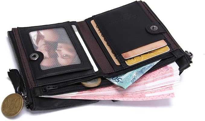 CONTACTS Soft Leather Wallet for Women and Men Small Bifold Coin Purse Double Zipper Card Holder with RFID Blocking (Black)