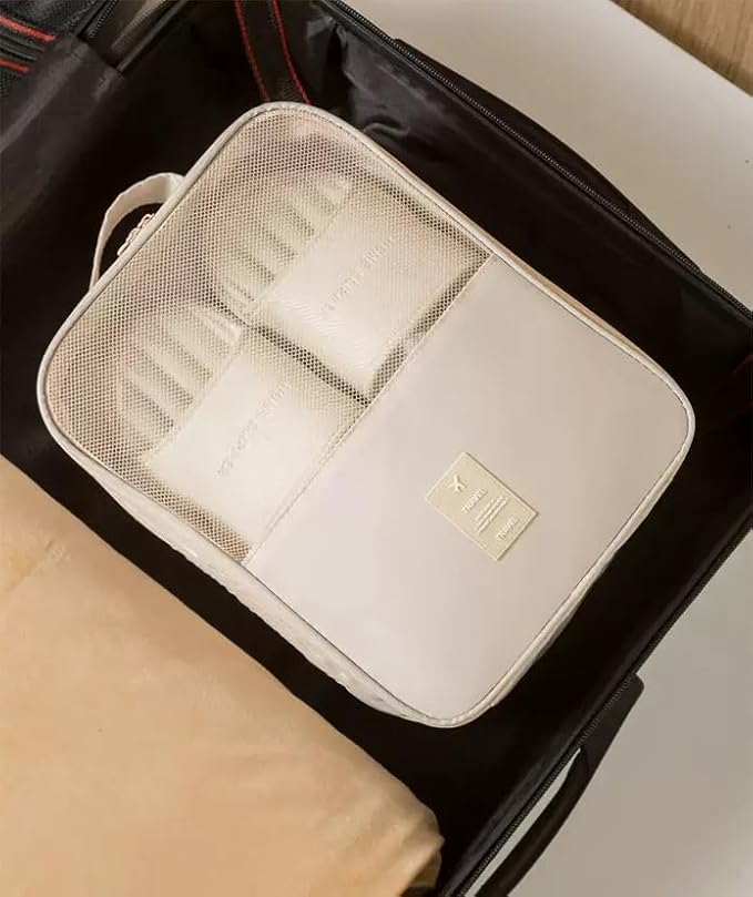 Waterproof Nylon Shoe Bag for Suitcase, Double Layer Portable Shoe Pouch for 3 Shoes, Travel Shoe Storage Bag with Zipper for Men and Women (Beige)