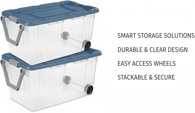 160 Quart Extra Large Clear Rolling Storage Bins 2-Pack, Blue Heavy-Duty Plastic with Locking Leakproof Lid, for Garage Basement Seasonal Storage & Transport