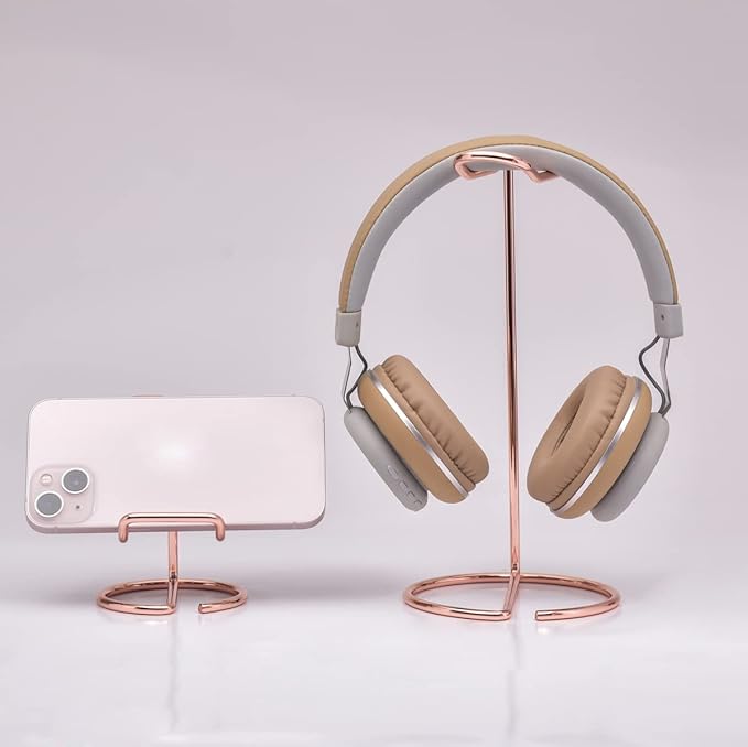 JIARI Headphones Stand and Cell Phone Stand Desktop Metal Holder Accessories 2pcs Set (Rose Gold)