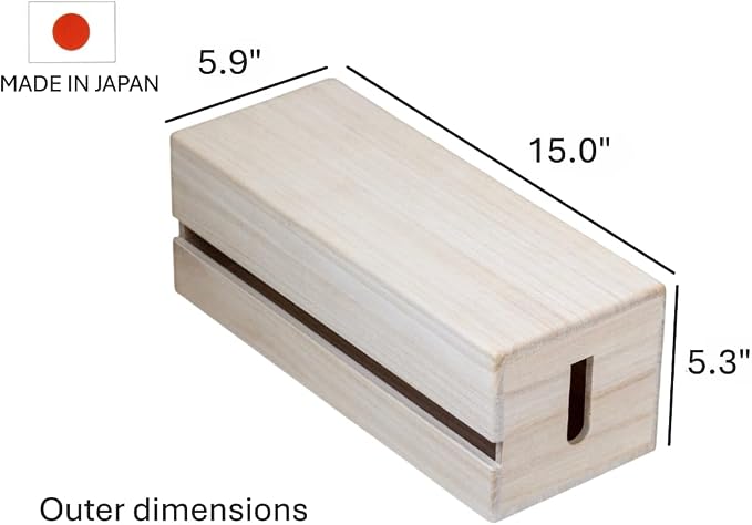 2 Set of Masuda Paulownia Wood Cable Management Box – Handmade Wooden Cord Organizer for Power Strips, Routers, Chargers – Eco-Friendly Desktop Cable Storage – Made in Japan, Plain