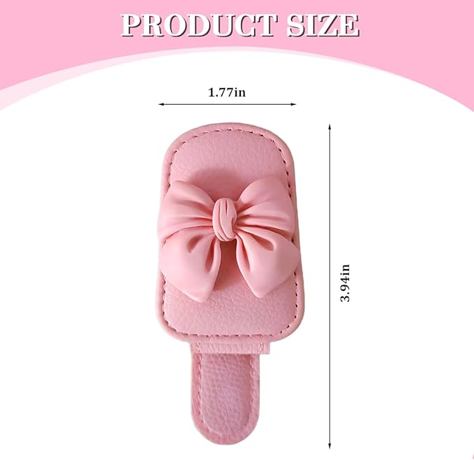 Bittwee Sunglasses Holder for Car Visor, Magnetic Cute Bow Leather Sun Visor Eyeglasses Mount & Ticket Card Clip, Magnet Automotive Interior Glasses Hanger Organizer, Universal for Vehicles (Pink)
