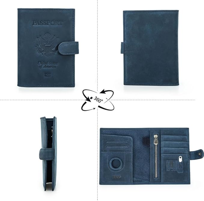CONTACTS Full Grain Leather Passport Holder Compatible with Airtag RFID Blocking Passport Wallet Travel Slim Passport Cover with SIM Card Removal Tool (Bagde, Blue)