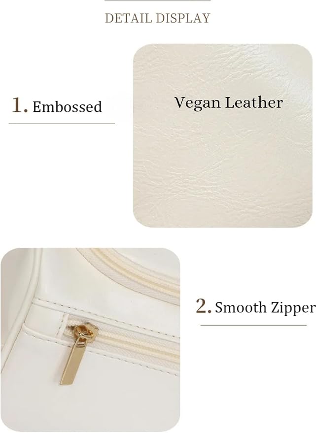 Travel Toiletry Bag – Soft Vegan Leather, Waterproof Hanging Design with Hook, – Cream White with Gold Accents, Full Size