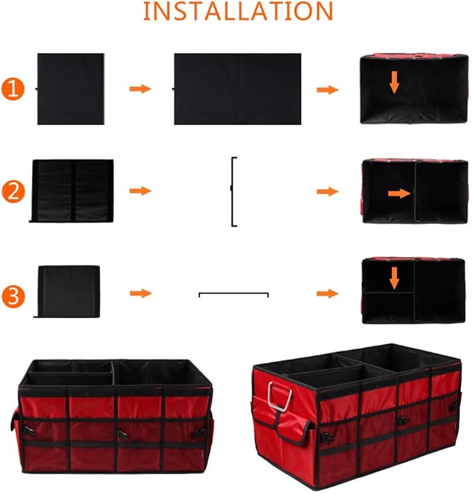 Car Trunk Organizer Collapsible Portable Multi Compartments Organizer with Non Slip Straps for SUV Truck Auto Vehicle Car Auto Minivan (Large without cover, Red)